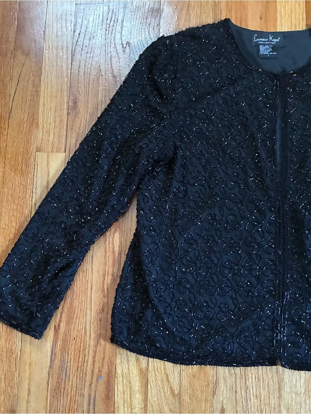 VTG Laurence Kazar Black Beaded Sequin Silk Open Front Lined Jacket Women’s L